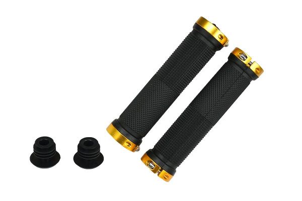 Грипсы MTB ST-13, 135мм, с 2 грипстопами, под шестигранник, черно-золотые